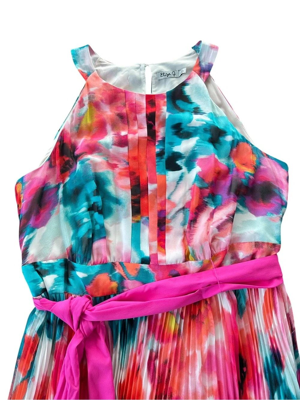 Eliza J Watercolor Floral Pleated Maxi Dress Pink Sash Halter 16W Plus - Picture 5 of 16